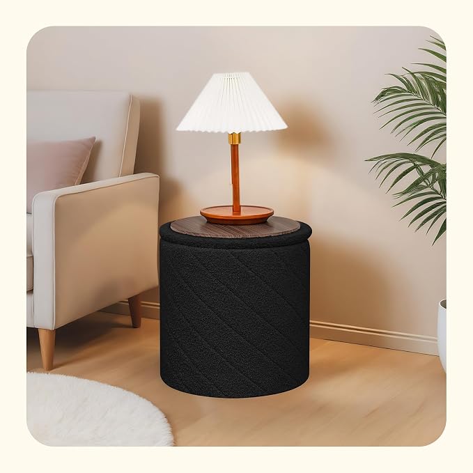 PINPLUS Ottoman with Stroage Round Boucle Ottoman and Tray Sherpa Removable - Image 2