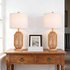 21" Boho Rattan Table Lamps Set of 2, Farmhouse Bedside Nightstand Lamps - Image 3