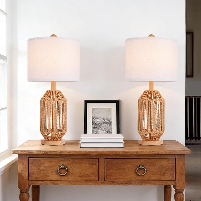 21" Boho Rattan Table Lamps Set of 2, Farmhouse Bedside Nightstand Lamps - Image 3