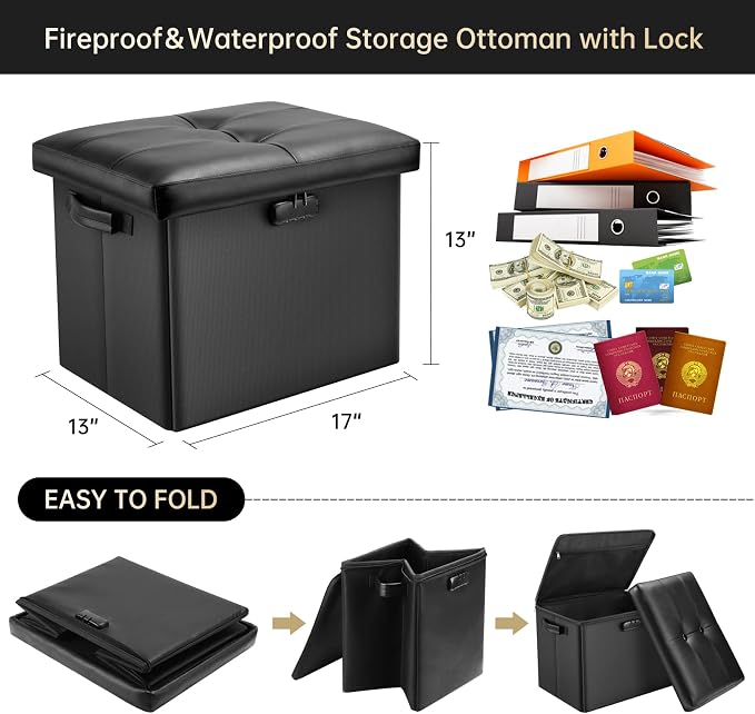 DocSafe Storage Ottoman with Lock, Fireproof Folding Ottoman Foot Rest Stool - Image 3