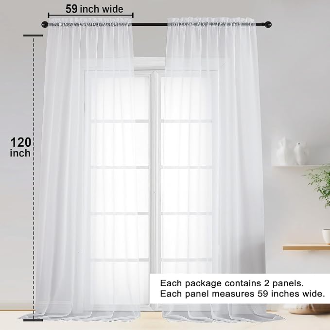 White Sheer Curtains 120 Inches Long 2 Panels Set, Airy Lightweight Sheer White - Image 2