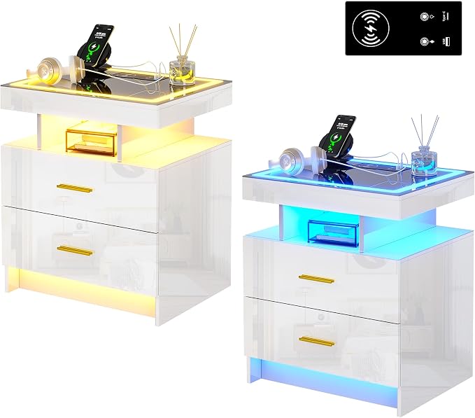 HNEBC Auto LED Nightstand Set of 2, High Gloss Bedside Table has 2 Drawers - Image 9