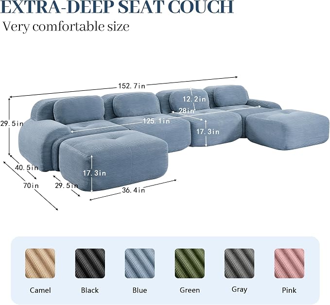 Boneless Sectional Couch, No Assembly Required, 152.7” U Shaped Modular Cloud - Image 3
