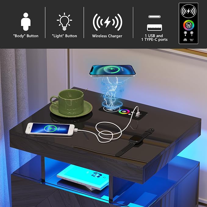HNEBC Auto LED Nightstands Set of 2, Modern Bedside Table - Image 4