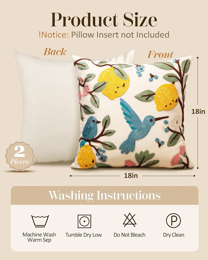Embroidered Throw Pillow Covers 18x18 Inch, Bird Lemon | Decorative Pillow - Image 4