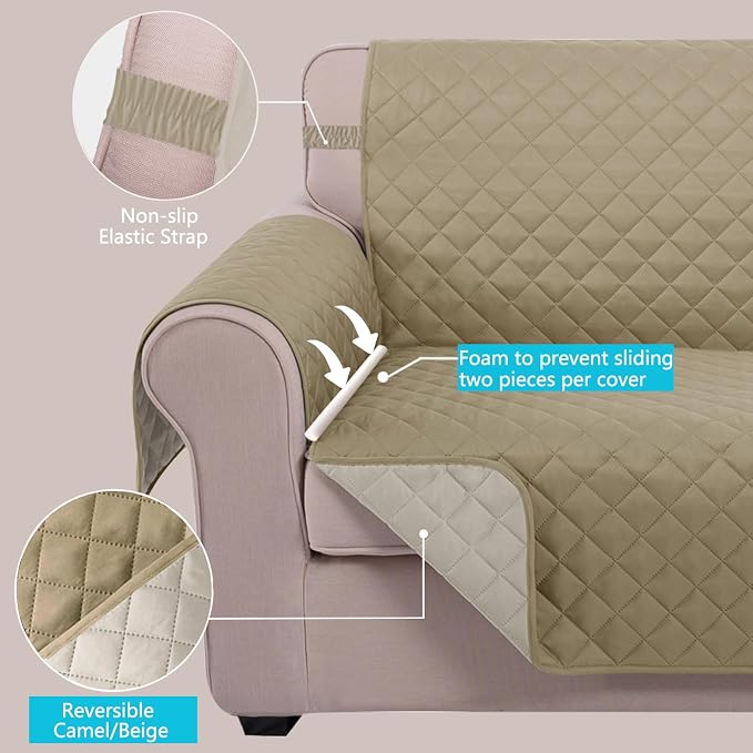 U-NICE HOME 4 Seater Sofa Cover 91''Large Couch Cover, Light Camel/Beige | - Image 3