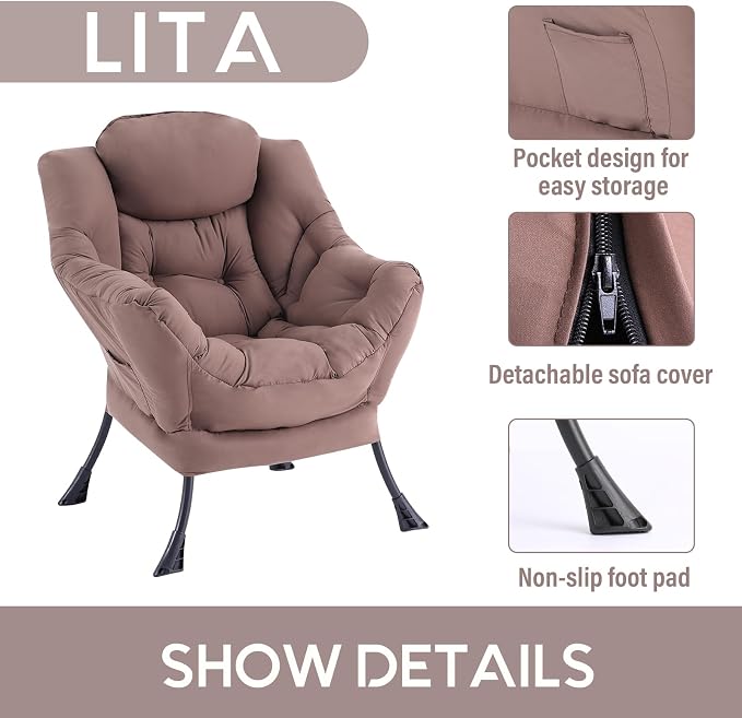 LITA Lazy Chair with Armrests and Side Pocket, Modern Upholstered Accent - Image 4