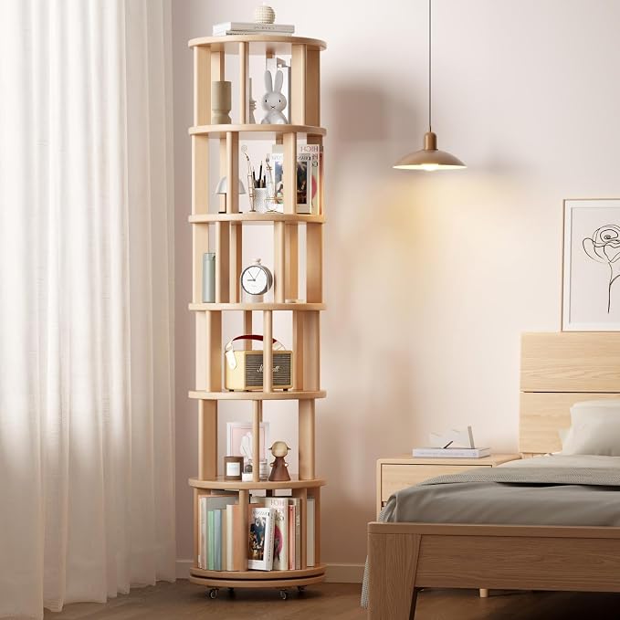 Muwuele Solid Wood Rotating Bookshelf on Wheels, 6 Tier, Round Revolving - Image 8