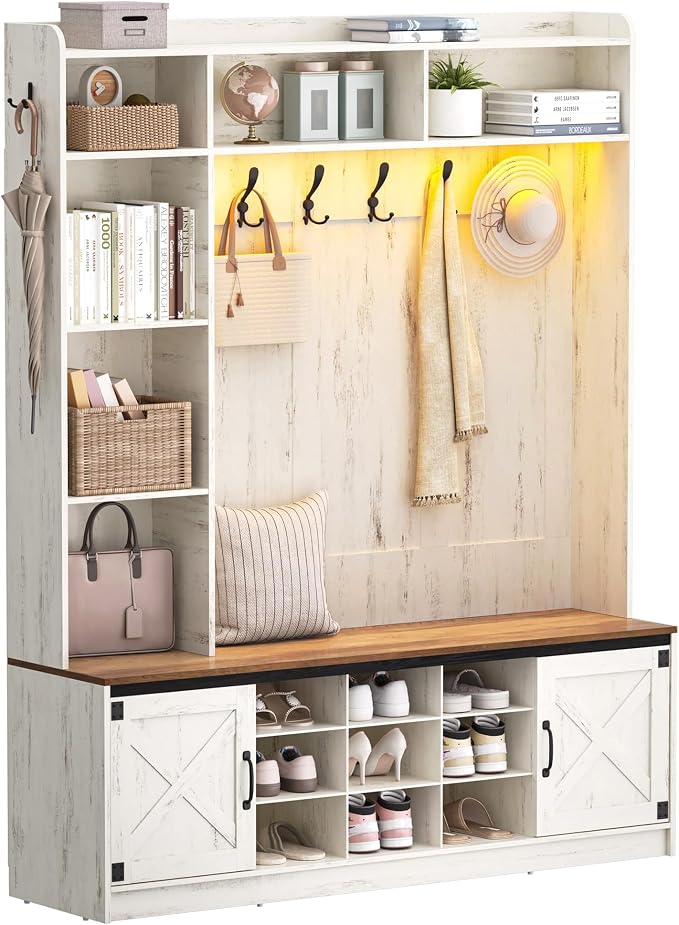 Hzuaneri 59.8" Hall Tree, LED Farmhouse Entryway Storage and Coat Rack Wood by Hzuaneri