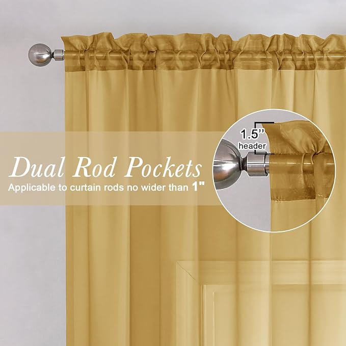 Gold Sheer Curtains 90 Inches Long 2 Panels Set, Living Room Curtains - Image 6