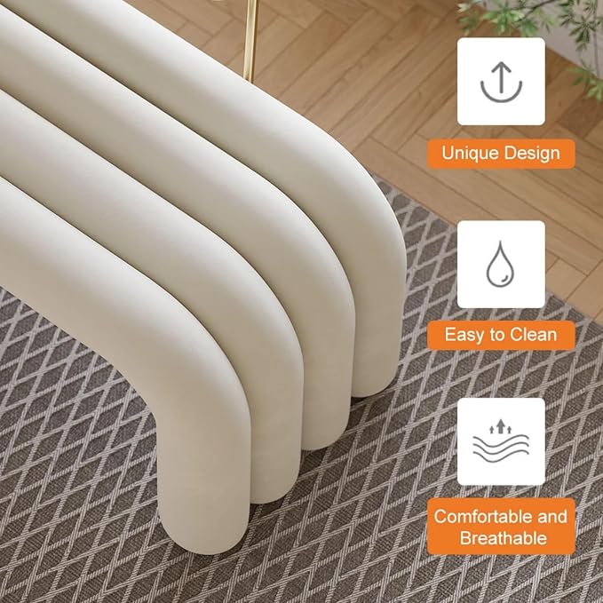 LOVEDIMA Modern White Line Tufted Bench Upholstered Entryway Bench Velvet - Image 4