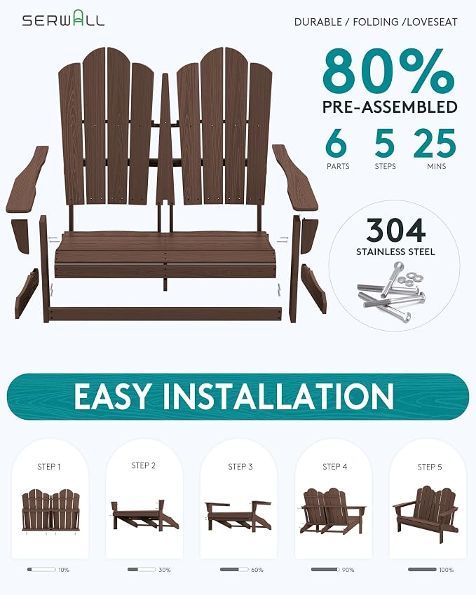 SERWALL 3 Pieces Patio Adirondack Bench Set, 2 Folding Adirondack Bench & 1 - Image 7