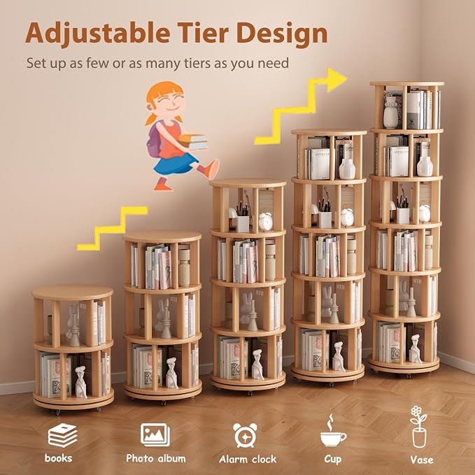 Muwuele Solid Wood Rotating Bookshelf on Wheels, 6 Tier, Round Revolving - Image 7