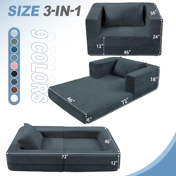 Futon Sofa Bed with Pillow, 3-in-1 Sleeper Sofa Bed with Removable Cover - Image 3