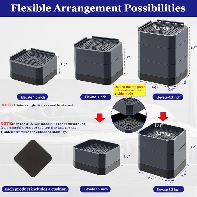 Bed Risers Heavy Duty, Adjustable Furniture Riser Blocks Lift 1.5, 4.3 inches - Image 2