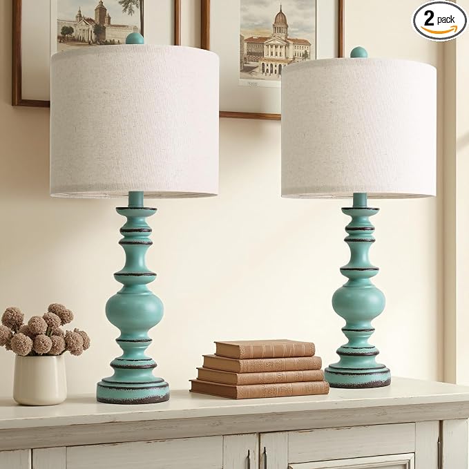 BOBOMOMO 24" Farmhouse Table Lamps Set of 2 – Distressed Teal Lamps by BOBOMOMO