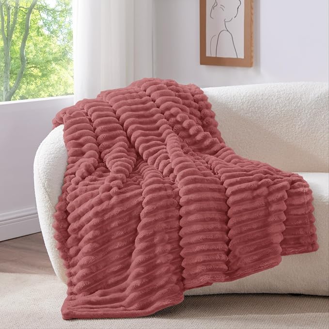 BEDELITE Striped Fleece Throw Blanket, Brick Dust, Soft Cozy, Lightweight Warm - Image 2