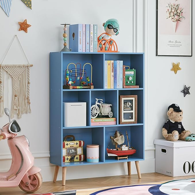 LEYAOYAO Cube Bookshelf 3 Tier Mid-Century Blue Modern Bookcase by LEYAOYAO-Findtheshiningpointofyourideallife%EF%BC%81