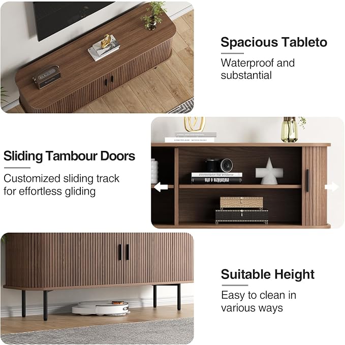 55''W Walnut Cabinet with Storage, Media Console, Tambour TV Stand, Television - Image 4