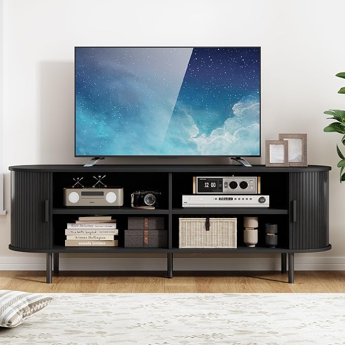 63" TV Stand with Power Outlet, Modern Media Console with Sliding Doors - Image 5