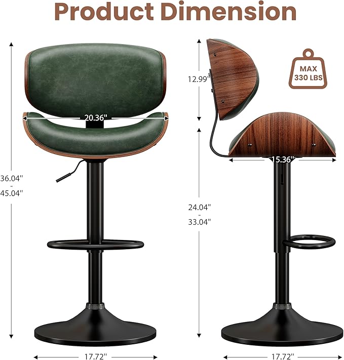 YaFiti Bar Stools Set of 4, Bentwood Adjustable Height Swivel Bar Stools - Image 2