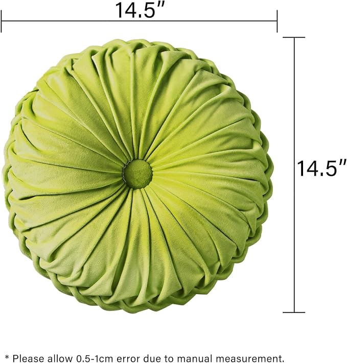 HIG Set of 2 Apple Green Velvet Decorative Round Pleated Throw Pillows | - Image 4