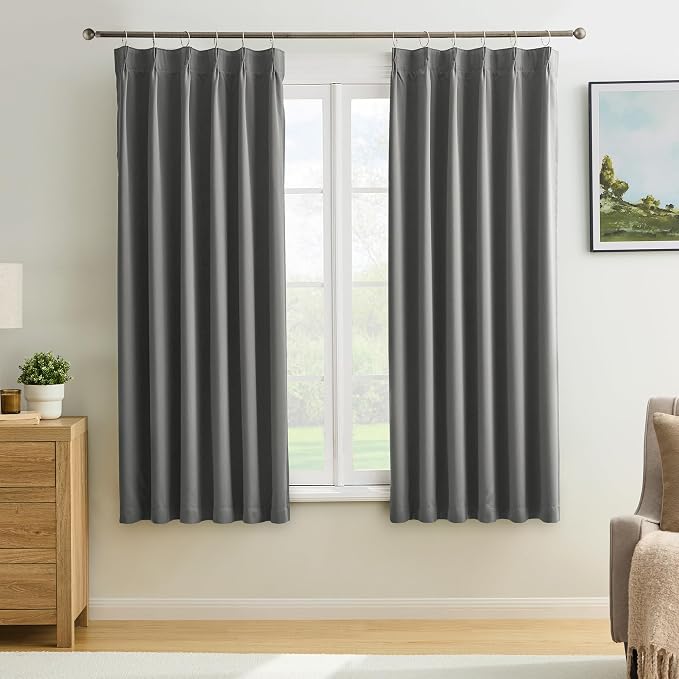 Blackout Bedroom Curtains 63 Inches Long, Thermal Insulated Short Pinch Pleated by KEQIAOSUOCAI