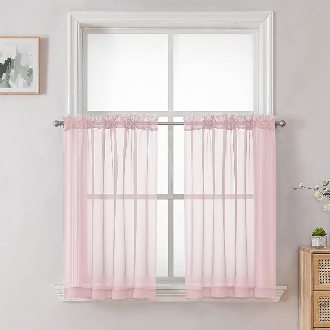 Blush Pink Sheer Curtains 36 inch Length 2 Panels Set, Light Filtering Voile by OVZME