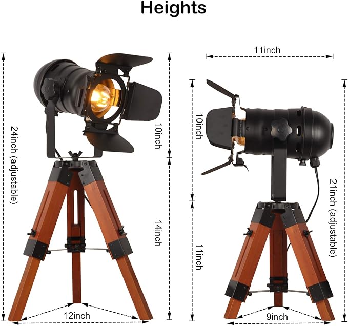 Decoluce Industrial Tripod Floor Table Lamp Vintage Wood Cinema Searchlight - Image 3