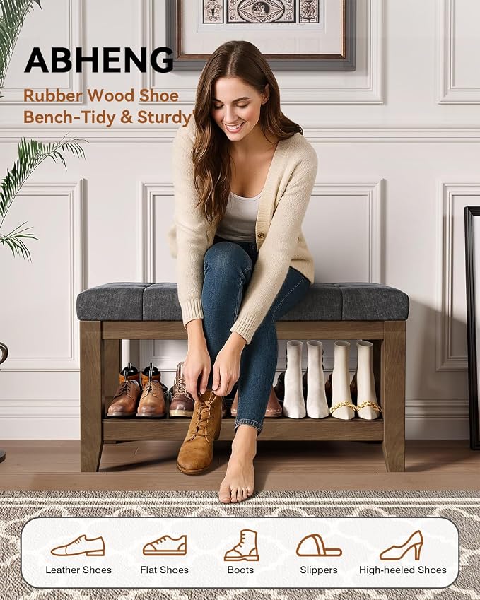 ABHENG Solid Rubber Wood Shoe Bench, Soft Chenille Material Upholstered Seat - Image 3