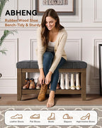 ABHENG Solid Rubber Wood Shoe Bench, Soft Chenille Material Upholstered Seat - Image 3