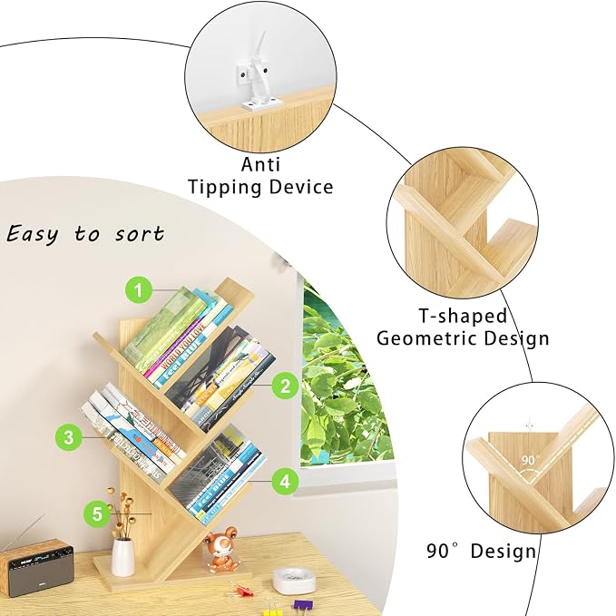 SHEEPAM 5 Tier Tree Book Shelf, Small Desktop Bookshelf - Image 4