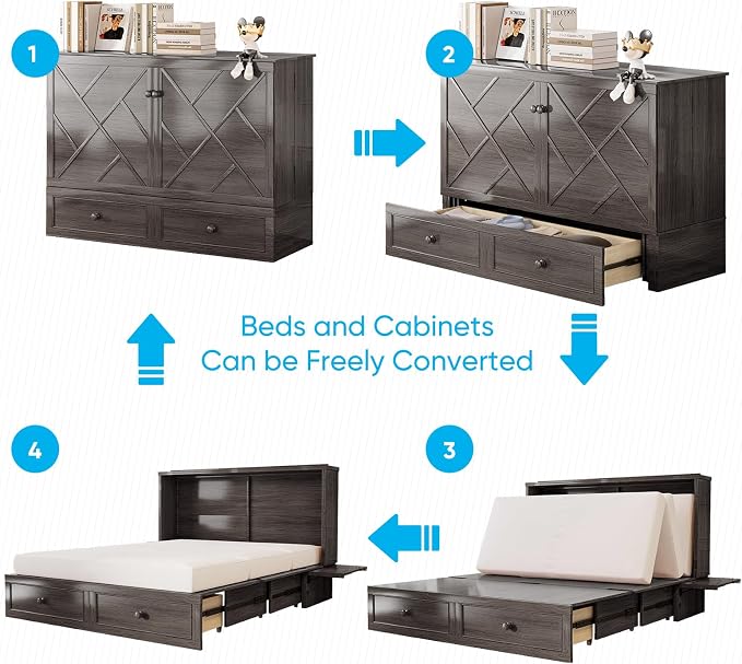 Mjkone Murphy Cabinet Bed Queen Size, Solid Wood Mobile Wall Beds Chest - Image 3