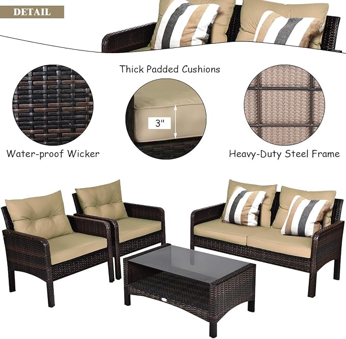 Tangkula 4 Piece Patio Furniture Set, Outdoor Wicker Conversation Set - Image 7