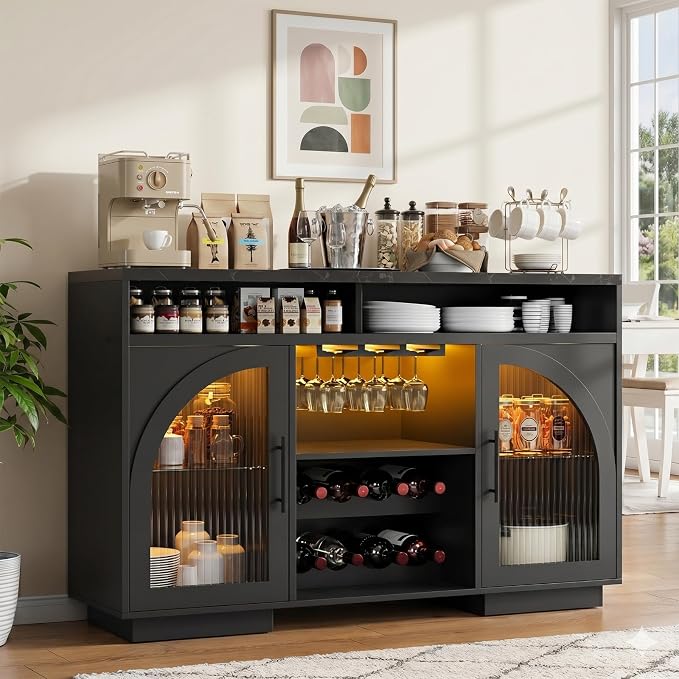 Wine Bar Cabinet 54", Arched Glass Doors, Wine Rack, Adjustable Shelves by SOLACEFURNITURE