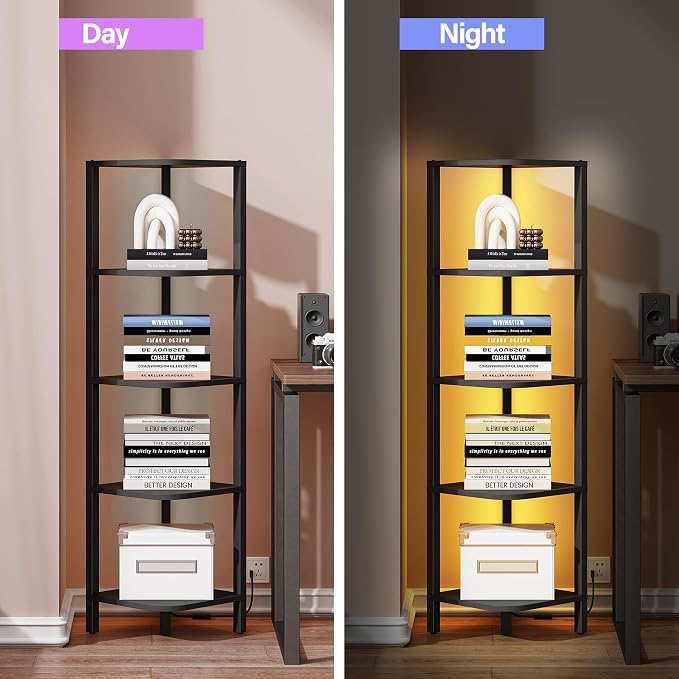 TUTOTAK Corner Shelf with LED Light, 5-Tier Corner Bookshelf - Image 4