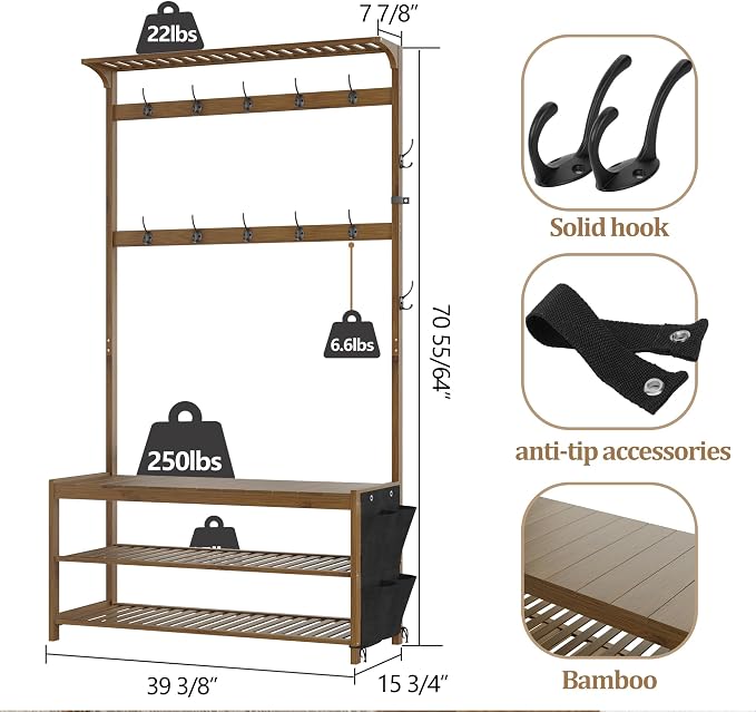 AMBIRD Hall Tree with bench and shoe storage, Entryway Bench with shoe storage - Image 4