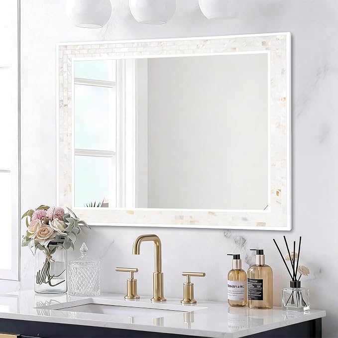Tanmicoshomy 30 x 40 Inch White Bathroom Mirror, Coastal Natural Shell Framed - Image 2