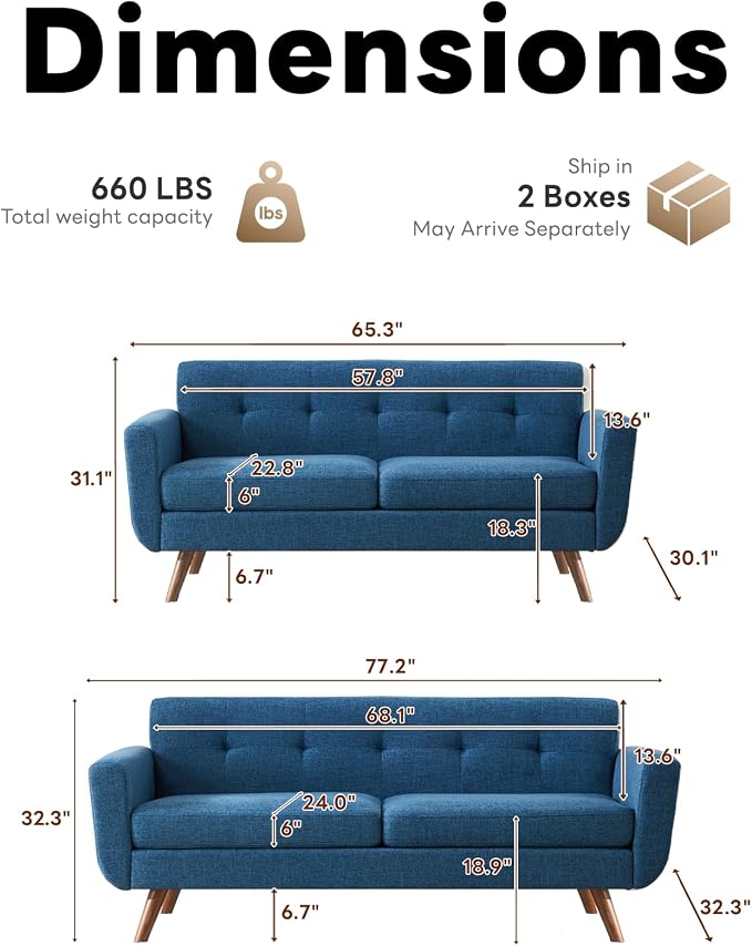 Tbfit Mid Century Modern Sofa Couch, Loveseat & Standard Sofa | linen fabric - Image 2