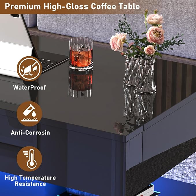39.4" Large Lift Top Coffee Table, Modern High Glossy LED Coffee Tables - Image 8