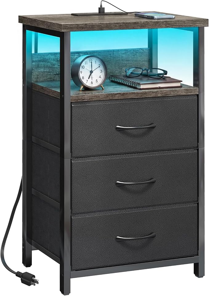 Fixwal Night Stand with Charging Station, LED Nightstand with U-S-B Ports and by Fixwal