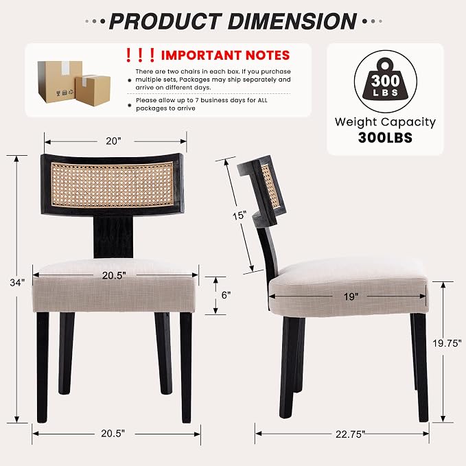 HNY Mid Century Modern Rattan Dining Chairs Set of 2, Farmhouse Linen - Image 2