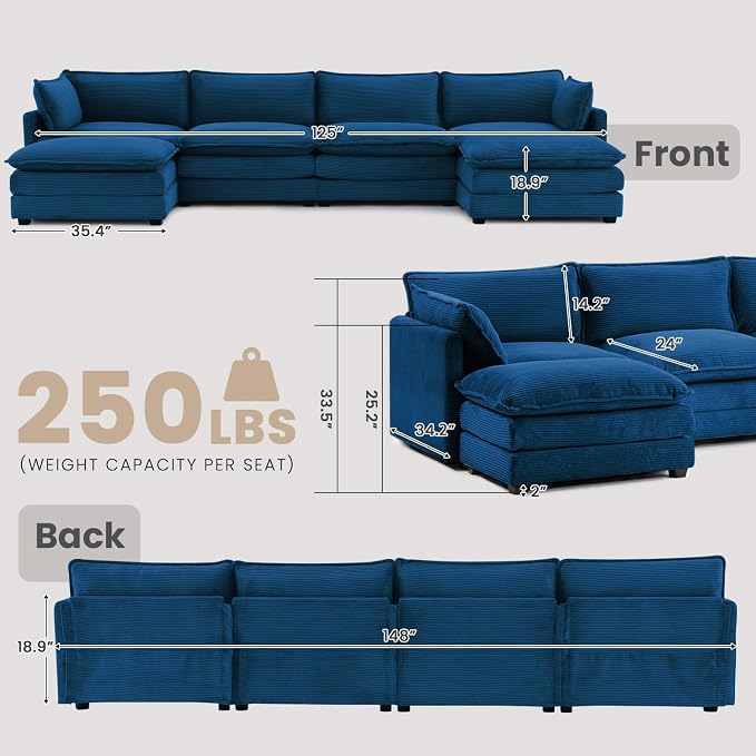 148'' Sectional Modular Cloud Couch, Oversized U Shaped 4 Seat Sofa - Image 2