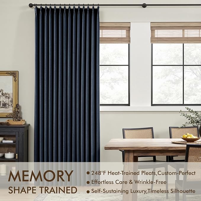 MIULEE Navy Blue Pinch Pleated 100% Blackout Linen Curtains 40x96 Inches | Room - Image 3