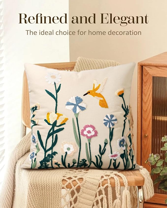 Embroidered Throw Pillow Cover 18x18 Inch, Flower Bird | Decorative Pillow Cover - Image 5