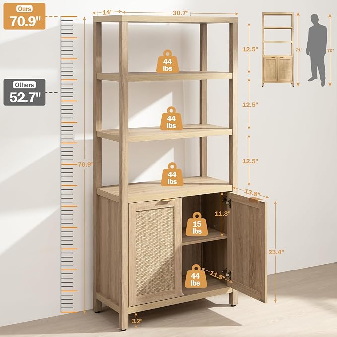 SICOTAS Bookshelf 5 Tier Book Shelf Rattan Boho 71" Tall Bookcase - Image 3