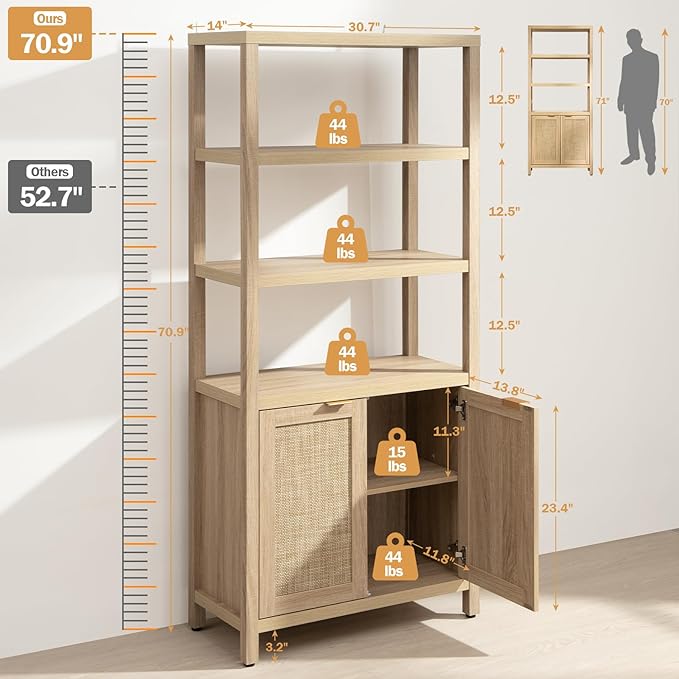 SICOTAS Bookshelf 5 Tier Book Shelf Rattan Boho 71" Tall Bookcase - Image 3