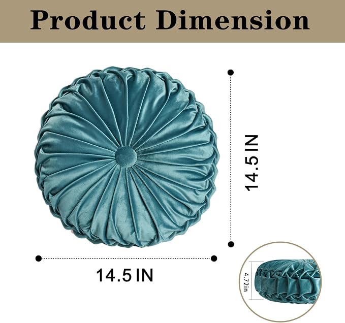 HIG Set of 2 Teal Velvet Decorative Round Pleated Throw Pillows | Vintage Floor - Image 5