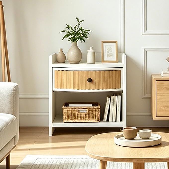 Wooden Nightstand with Drawer and Open Storage Shelf, Curved Front Bedside Table - Image 8