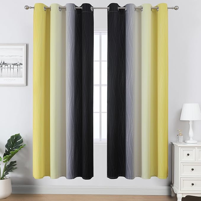 Black and Yellow Ombre Blackout Curtains 72 Inches Long | Room Darkening - Image 2